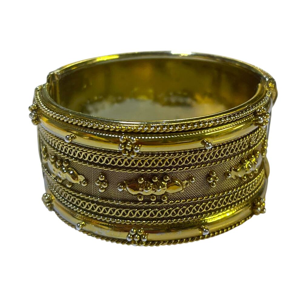 Two's Company Gold Tone Wide Hinged Cuff Bracelet Boho Statement 1.25"